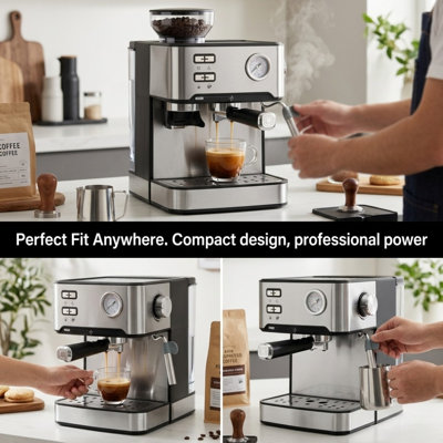 Machine à espresso 20 bars avec manomètre et mousseur à lait, cafetière compacte pour espresso, latte, cappuccino et americano, acier inoxydable argenté, réservoir d'eau amovible de 1,6 litre