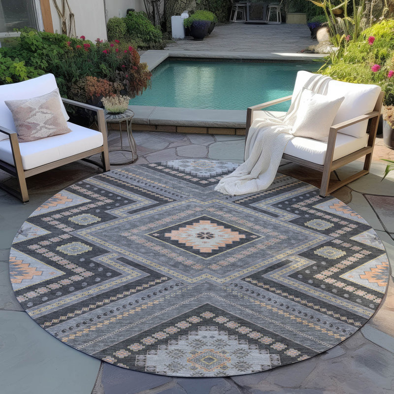 Gray Round Synthetic Flat Woven Washable Rug, 8' x 8'