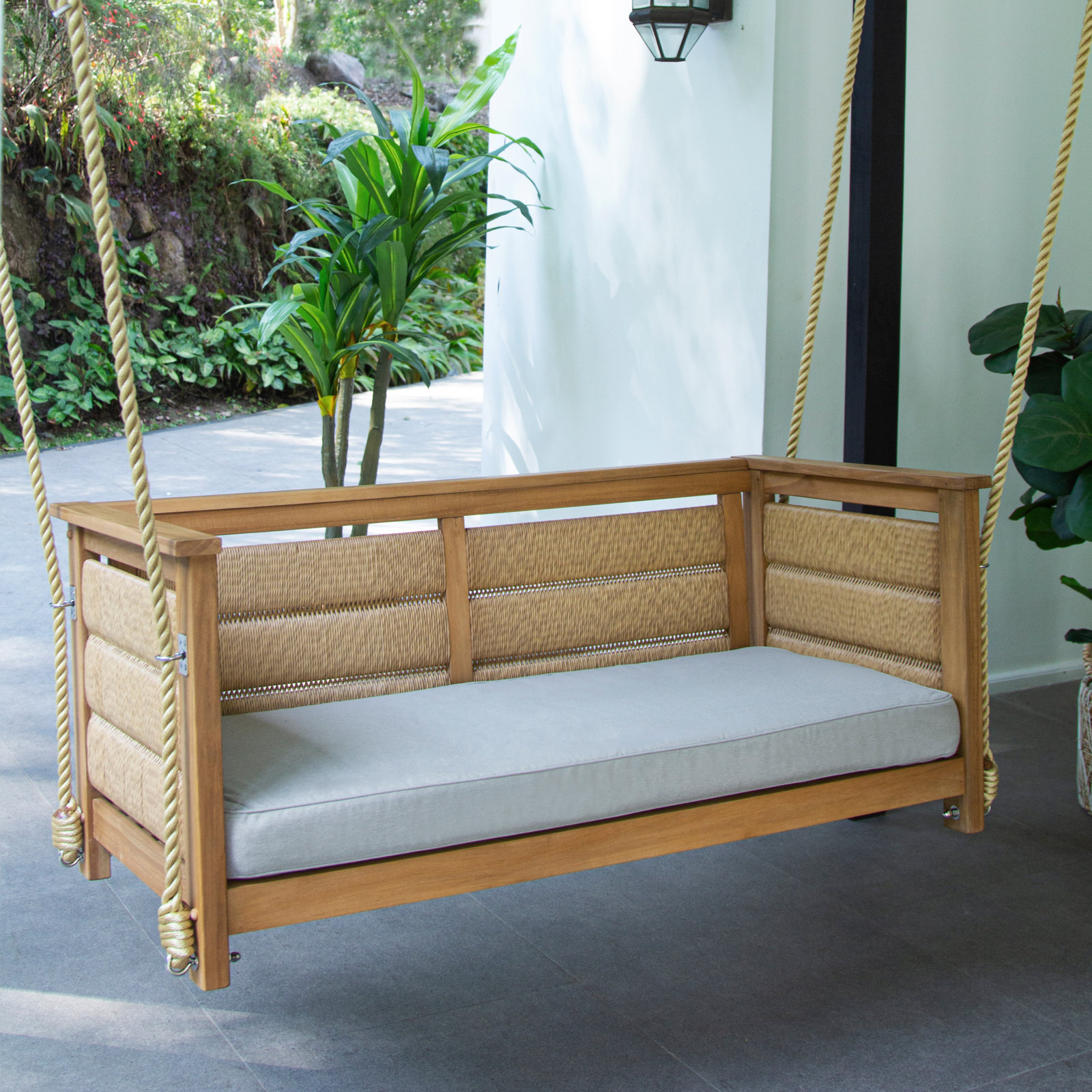 Blaine Teak Porch Swing with Cushion, Oyster Performance Polyester