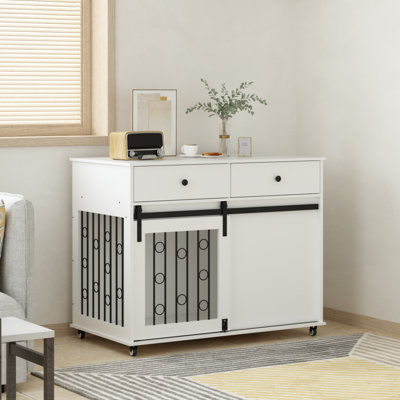 Accent Cabinet With Double Drawers And Sliding Barn Door, Storage Cabinet With Lockable Wheels