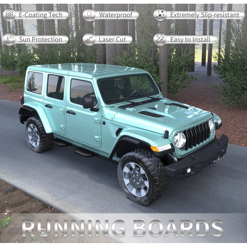 Marchepieds robustes pour Jeep Wrangler JL / 2020-25 Gladiator JT 4 portes 2018-2025 | Acier thermolaqué noir