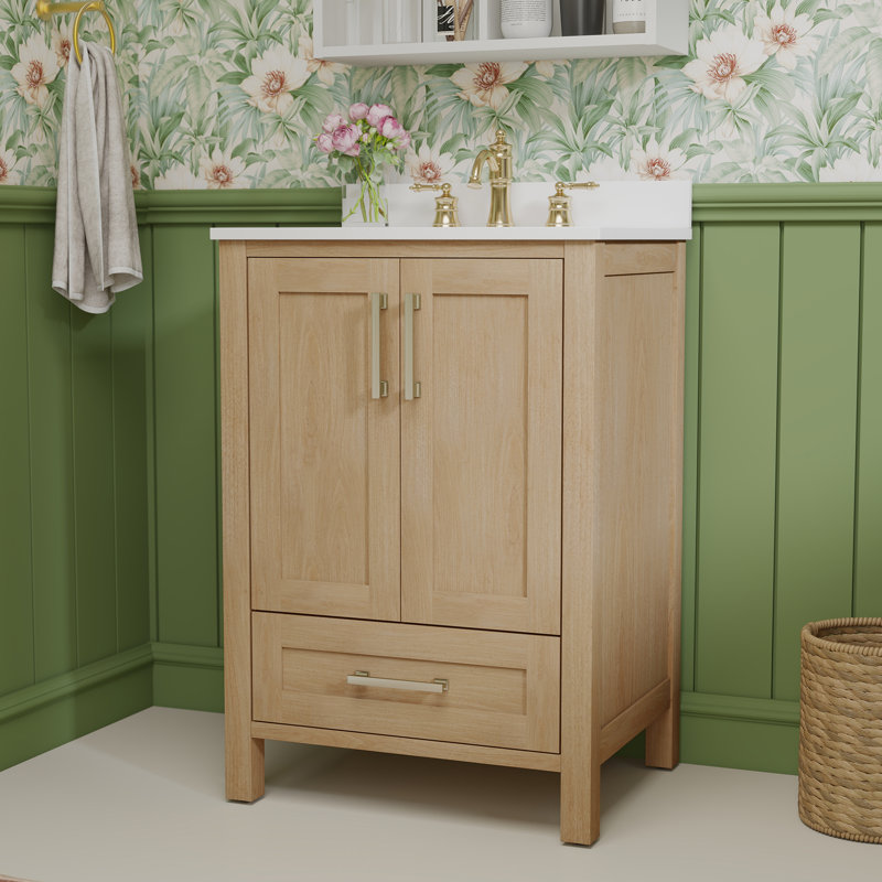 Meuble-lavabo simple 24 po - Comptoir en pierre reconstituée blanc Bombay, dosseret intégré et cuve en céramique, Beige