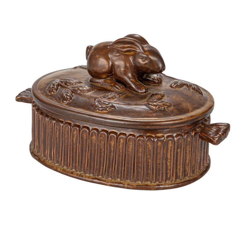 Large Matte Brown Stoneware Baker with Rabbit Design