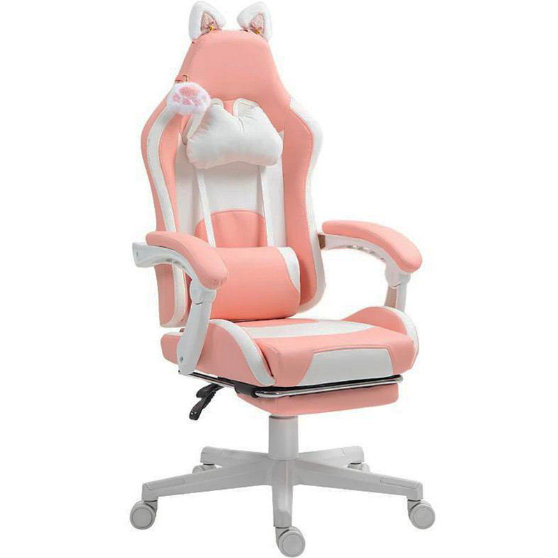 Fauteuil de jeu avec repose-pieds, fauteuil de jeu, appui-tête et soutien lombaire, pour la maison et le bureau, Rose, Blanc