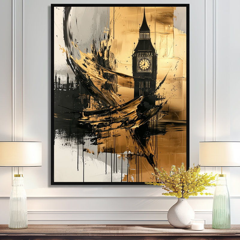 Mukarar Big Ben Glow In England IV - Angleterre, art mural, Noir, Reproduction avec cadre flottant, H 20 po x l 12 po