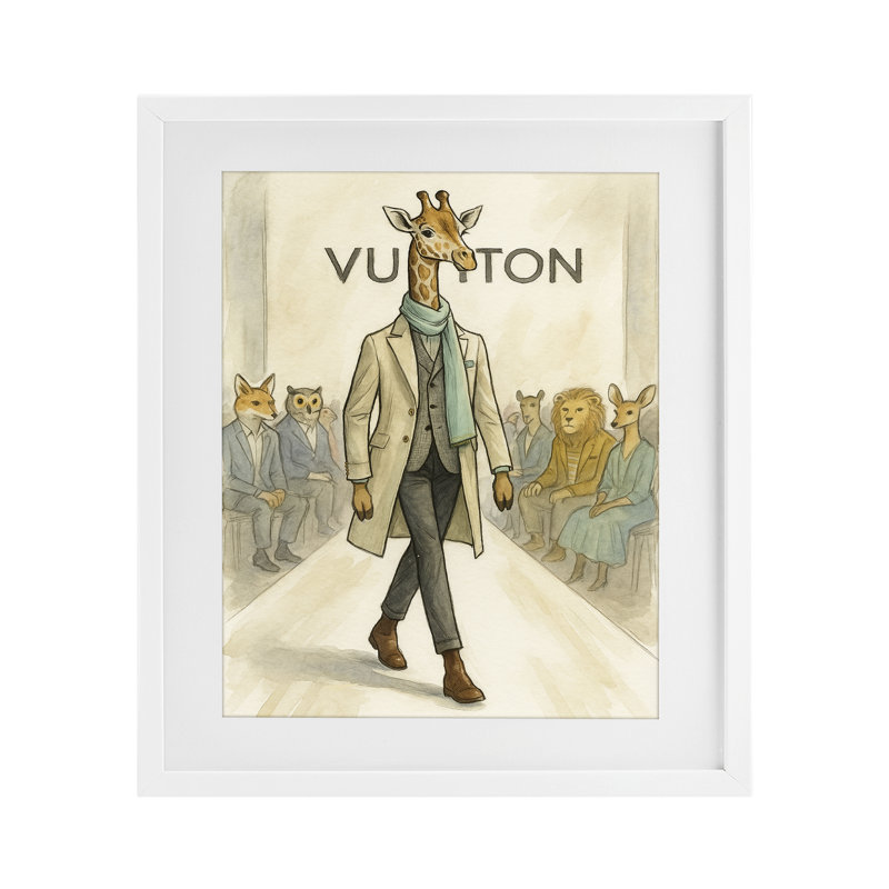 «Fashion Runway Giraffe», reproduction encadrée sous verre, design par Grotto Studios, H 21 po x l 17 po, Cadre blanc côtier