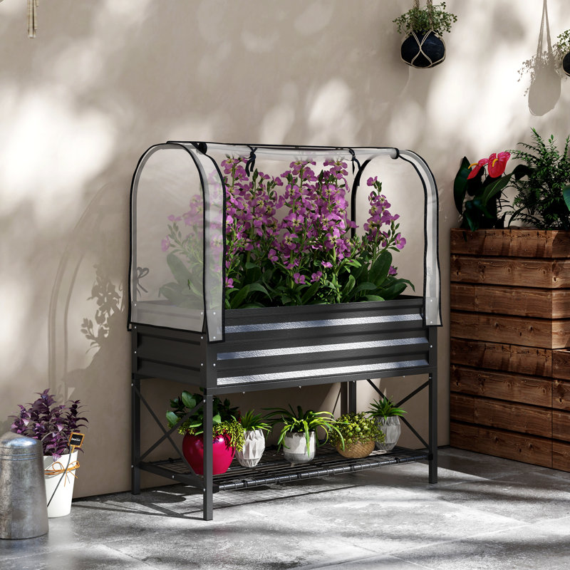 Metal Raised Garden Bed with Cover, Black, Black