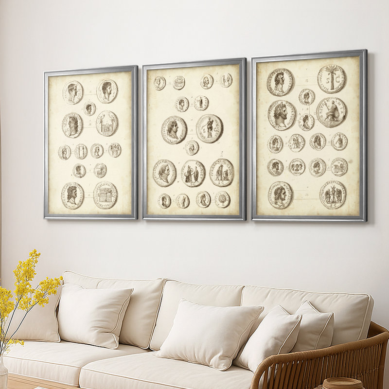 Antique Roman Coins I - Toile tendue avec châssis sur mesure - 3 pièces, H 15 po x l 19 po, Argent argent