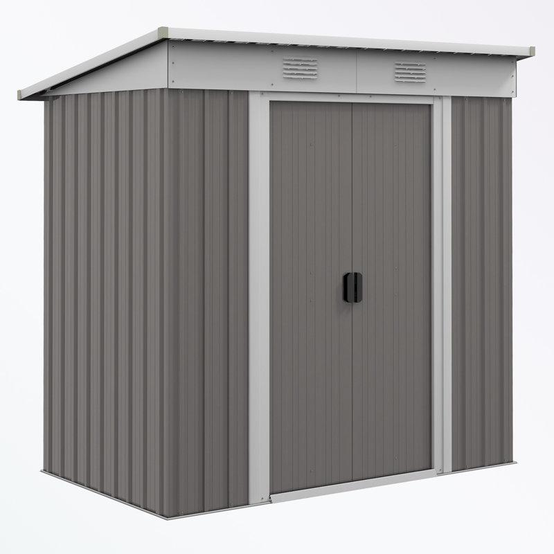 Metal Lean To Garden Shed, Outdoor Storage Shed, Garden Tool House With Double Sliding Doors, Gray, 69" H x 69" W x 42" D