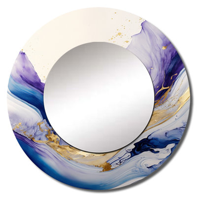 Philis Blue, Gold And Purple Splash Paint I - Abstract Spirals Mirror, Blue Round Decorative Wall Mirror, Printed Metal Art