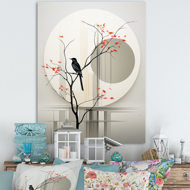 Encre d'oiseaux japonais gris, impression sur toile, Toile tendue, H 20 po x l 12 po