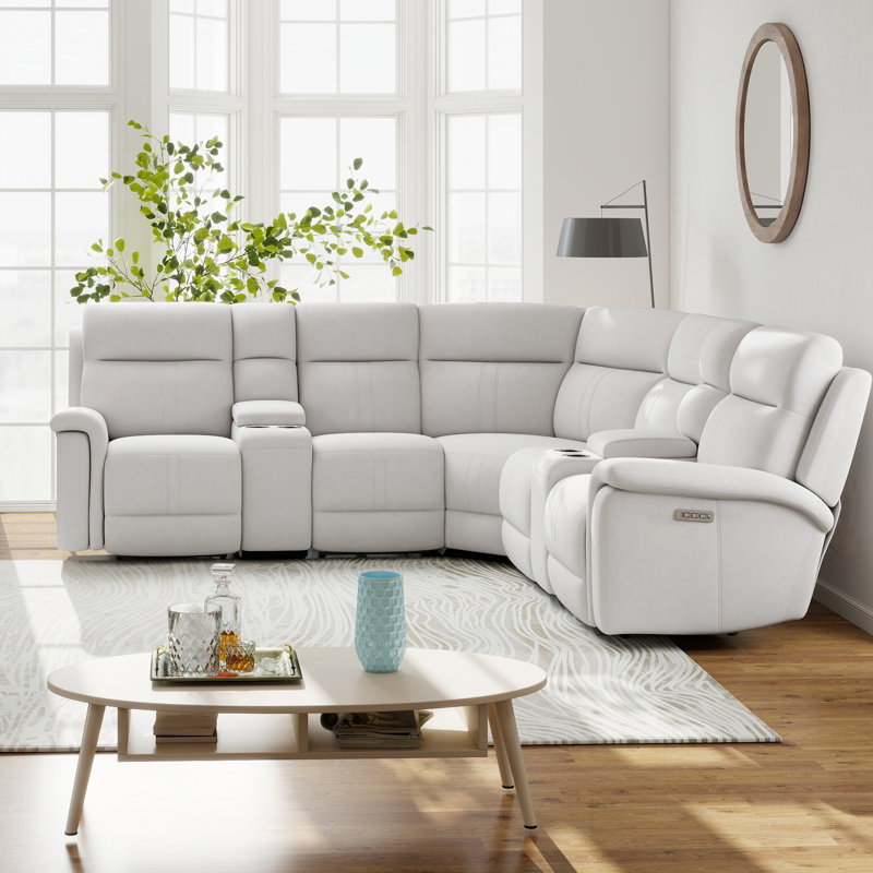 7 - Piece Cushion Back Power Reclining Sectional with Adjustable Lumbar Support & Headrest, Silver Polyester Blend
