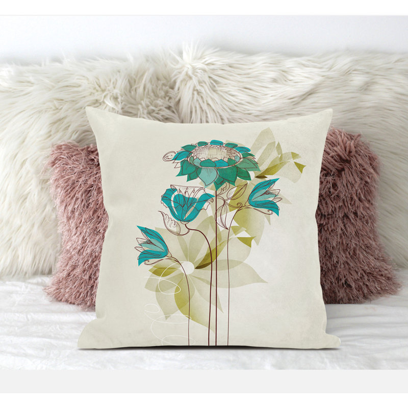 Coussin à motif floral avec housse amovible, Bleu / vert / beige, H 20 po x l 20 po