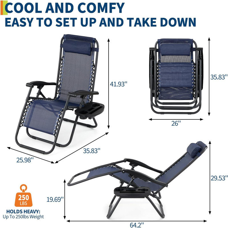 Set of 2 Patio Lounge Chairs – Outdoor Recliner with Side Tray & Headrest, Heavy-Duty Steel Mesh Folding Chairs for Poolside, Beach, Backyard, Deck