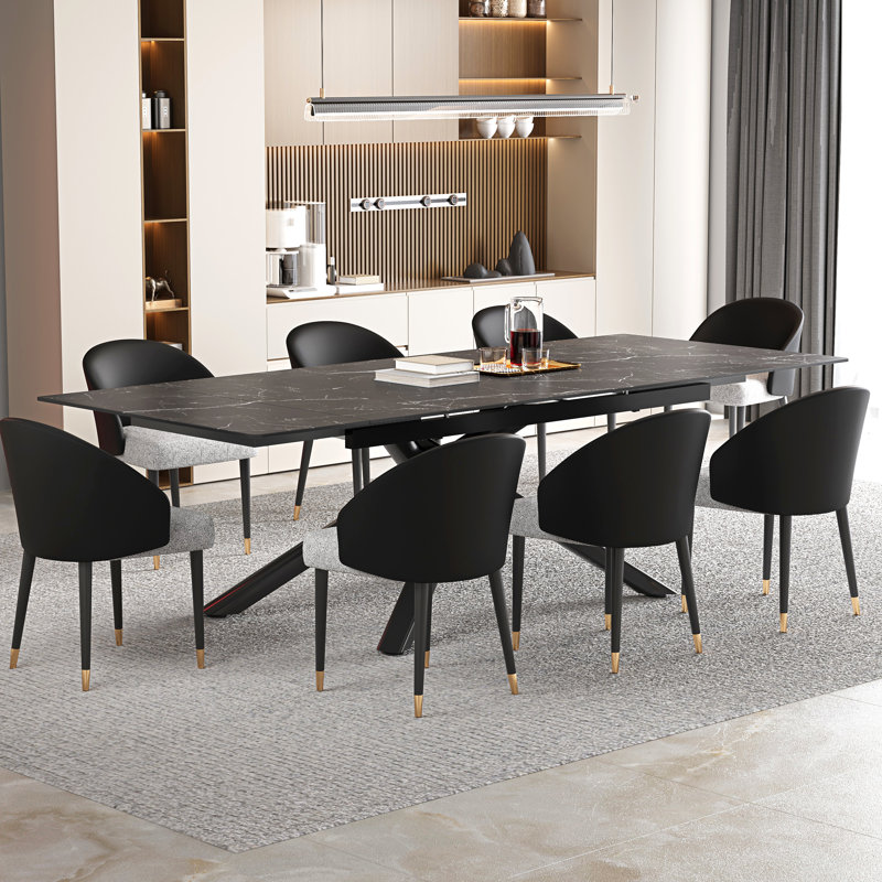 102'' Extendable Dining Table Set With Sintered Stone Dining Table And 8 Faux Leather Dining Chairs, Gray, Black/Gray