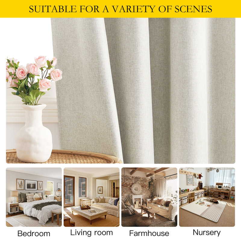 100% Blackout Faux Linen Curtains for Living Room Grommet Privacy Insulated Drapes, Set of 2, 52" W x 63" L, Sand