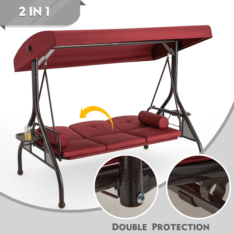 Fassold Outdoor Patio Swing Chair for 3 People, with Removable Cushion and Convertible Canopy, Wine Red