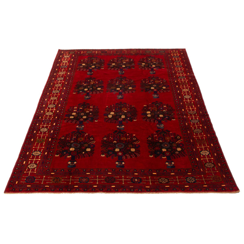 Tapis rouge en laine noué à la main de conception unique 6 pi 9 po x 9 pi 7 po Teimani