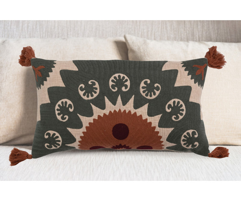 Multicolor Cotton Lumbar Pillow with Suzani Embroidery and Tassels