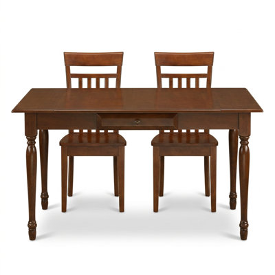 Mahogany Asian Hardwood Rectangular Dining Table Set with Drop Leaf and 2 Drawers 3 Piece