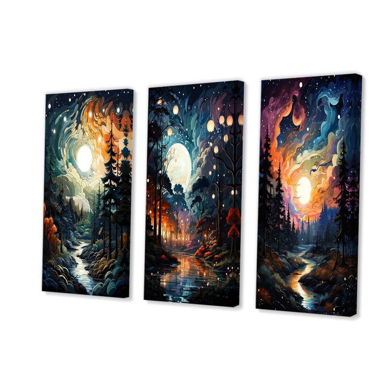 «Moonlight River Into The Forest I», ensemble de 3 reproductions d'art mural, H 28 po x l 36 po, Toile tendue