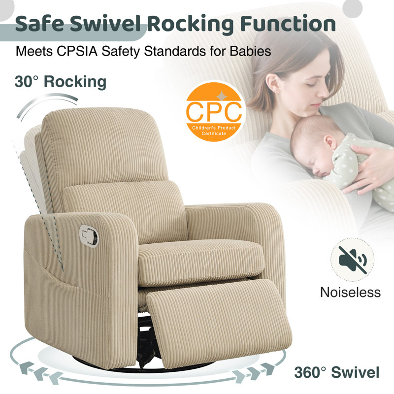 Reiby 36" Upholstered Corduroy Swivel Rocker Glider Recliner with Wider Armrest and Double Pocket, 360" Swivel Nursery Glider Recliner