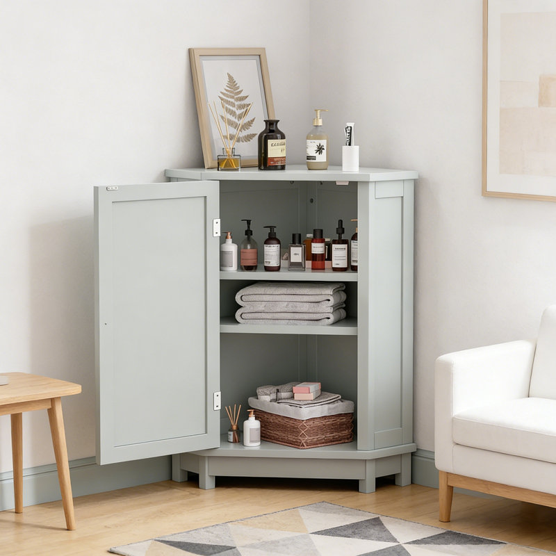 Armoire de salle de bain d'angle avec tablette réglable, Gris