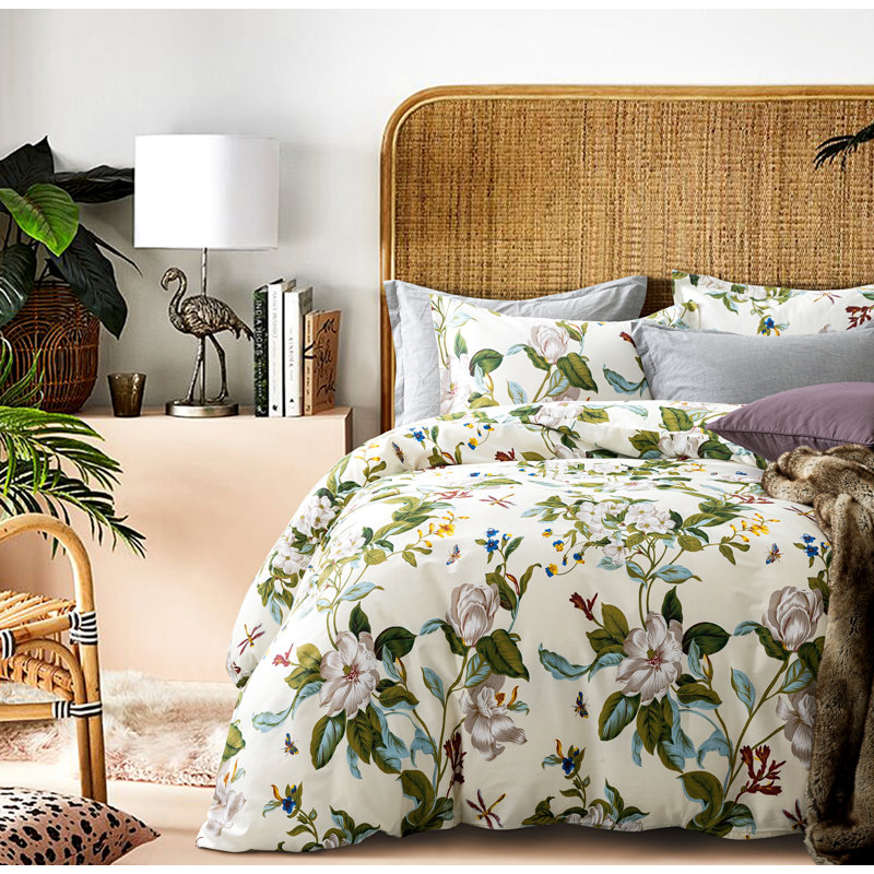 Farmhouse / Country Sateen Floral Duvet Cover, Queen Duvet Cover + 2 Shams