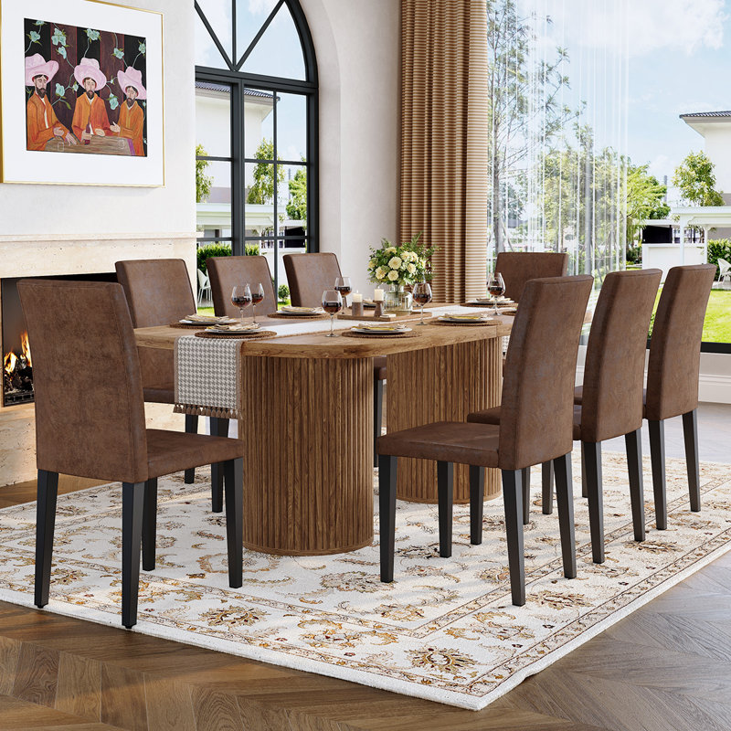 Ensemble de table de salle à manger moderne pour table de salle à manger en bois foncé 6/8/10 - 79 "avec base à double piédestal et rangement caché, chaises rembourrées en suède, grande cuisine