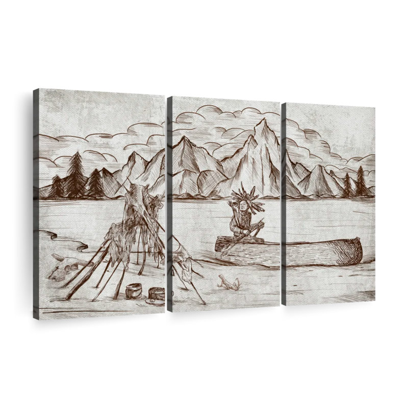 Native American Wild West Indians, ensemble de 3 reproductions sur toile, ensemble de 3 pièces, H 48 po x l 74 po x P 1,25 po