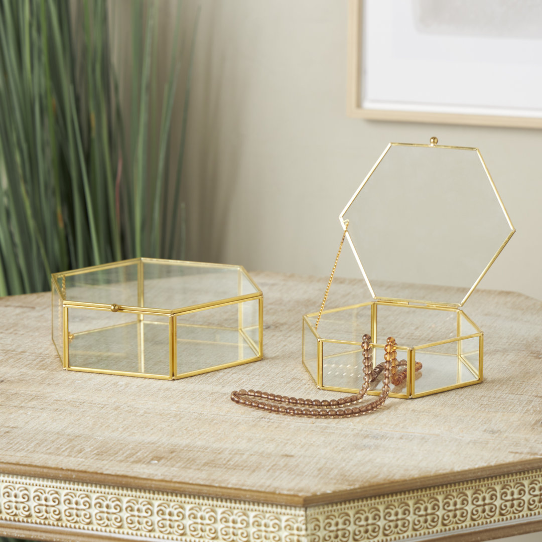 Glass Hexagon Geometric Decorative Clear Jewelry Box with Gold Metal Frame and Chain Accent Set (Set of 2) Gracie Oaks