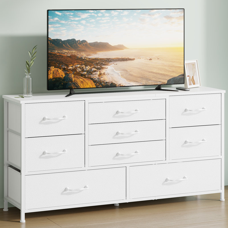 9-Drawer Fabric Dresser with Wood Top, Storage Chest, White