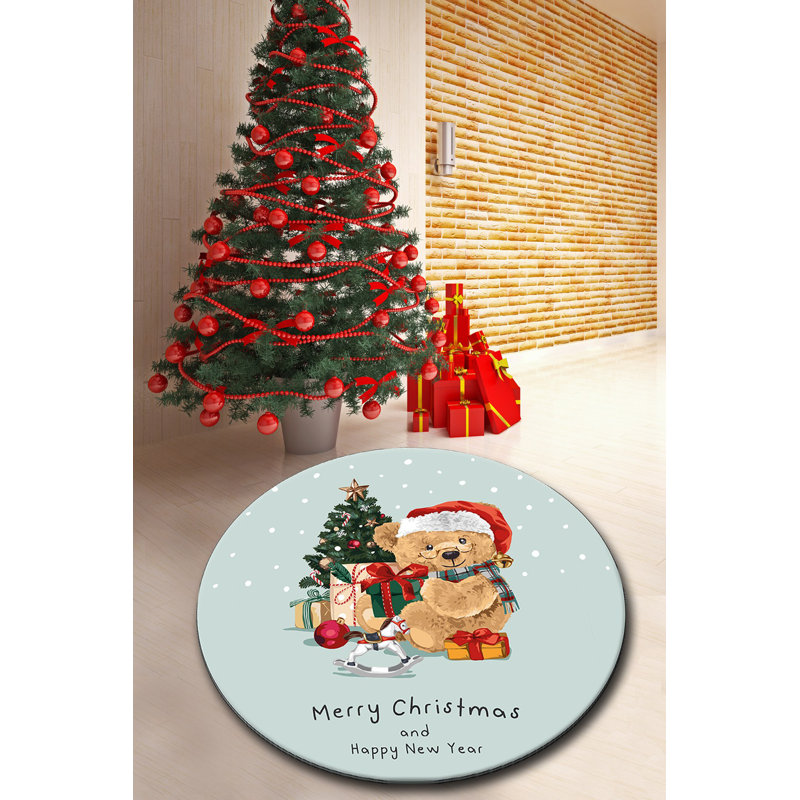 Christmas-Themed Area Rug, 6.6 ft Diameter, Light Blue, Green, Red & Beige | 100% Polyester, 0.4 in Pile Height | Antibacterial, Non-Slip Underside, Machine Washable | Perfect for Holiday Home Decor