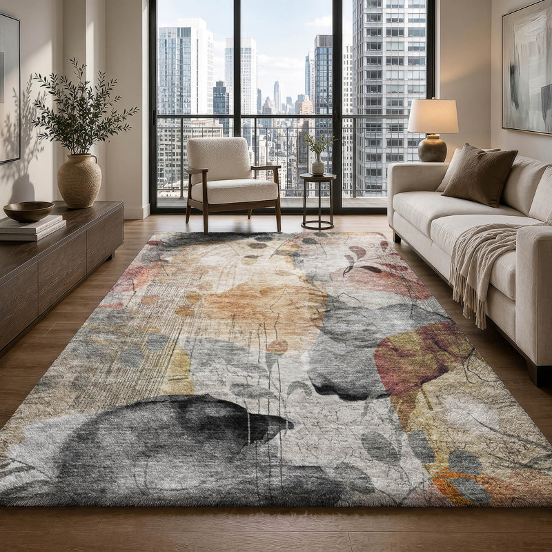 Tapis floral à poil long de qualité supérieure lavable à la machine ADS832, Terra Cotta, 10 pi x 14 pi
