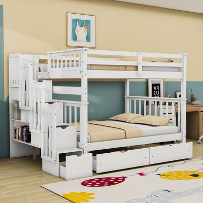 Full Over Full Bunk Bed With Shelves And Storage Drawers