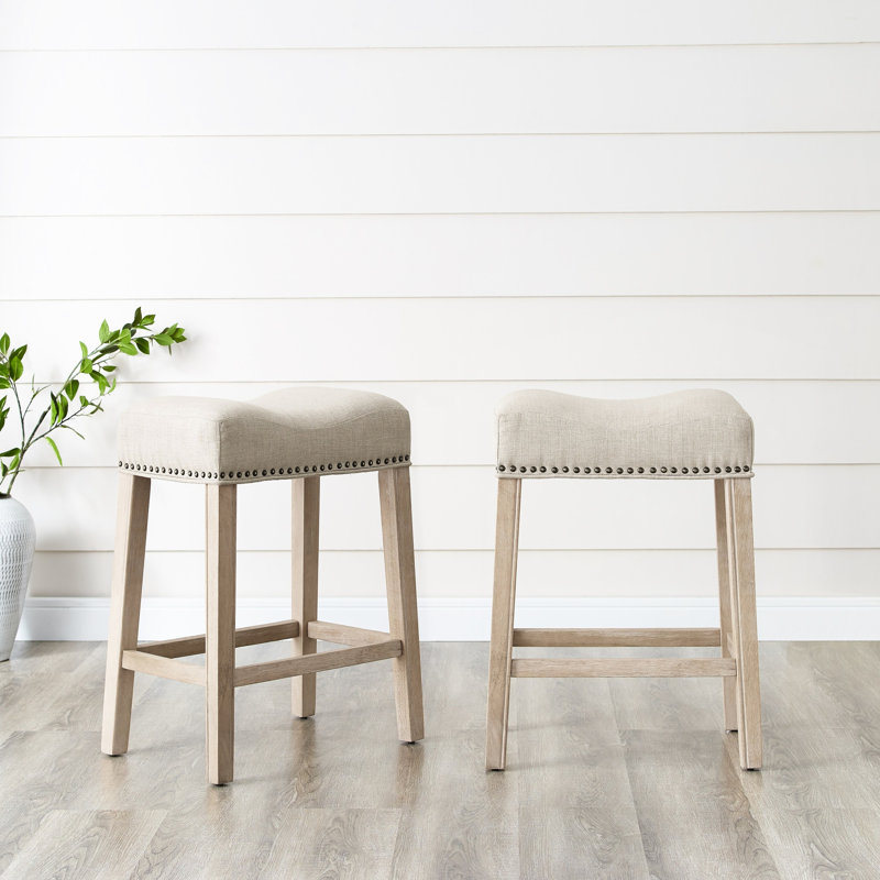 Tan Upholstered Counter Stools With Backless Saddle Seat Design, 24" High, Of 2, Wood For House Furnishing Height Stools, Tan, Construction Residence Area