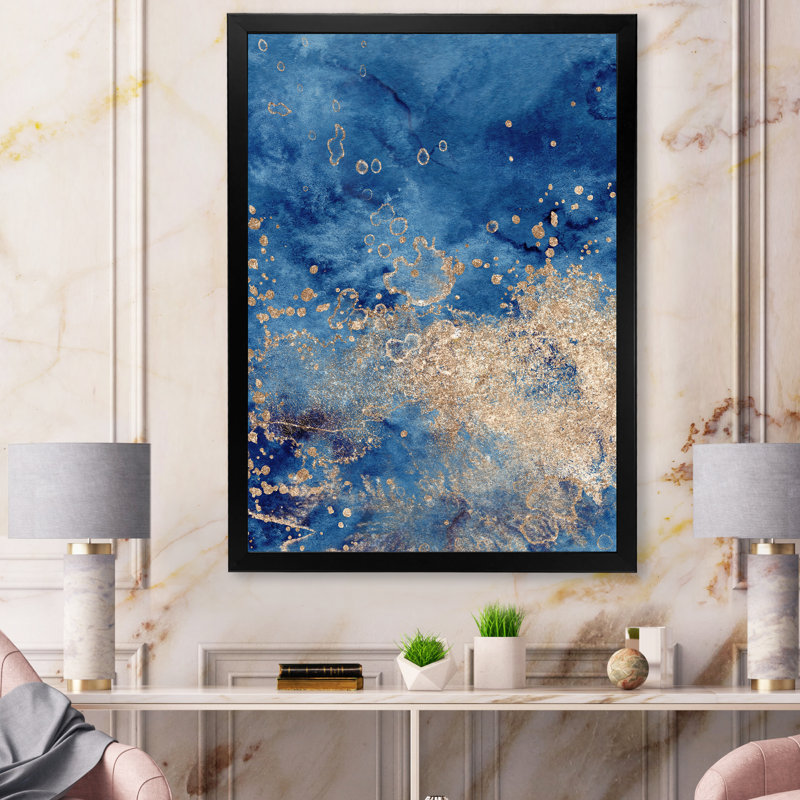 Abstrait classique bleu et or II - peinture sur toile, H 32 po x l 24 po, Cadre d'angle fermé noir