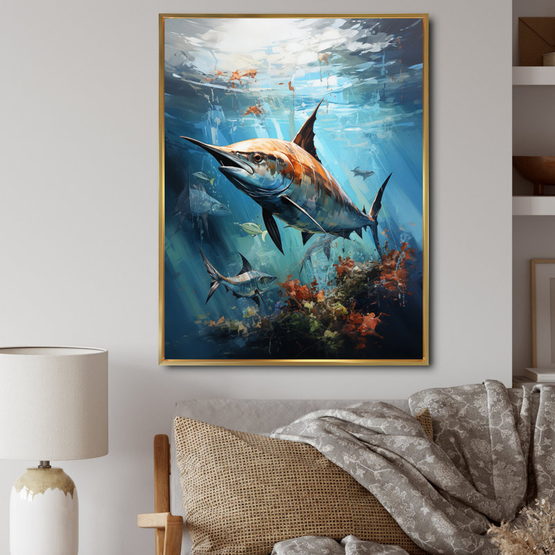 Fishing Majestic Marlins III " Fishing Majestic Marlins III " Mixed Media Print, 44" H x 34" W x 1.5" D, Gold Floater Framed