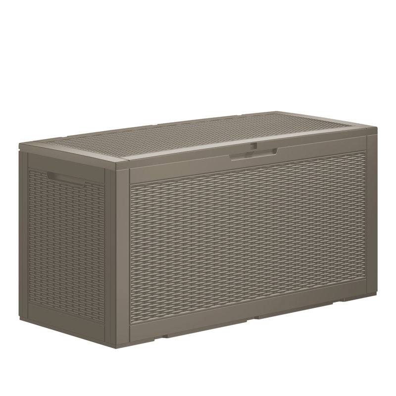 Decksplore 100 Gallons Water Resistant Resin Lockable Deck Box（Rattan weave style）, Light Coffee
