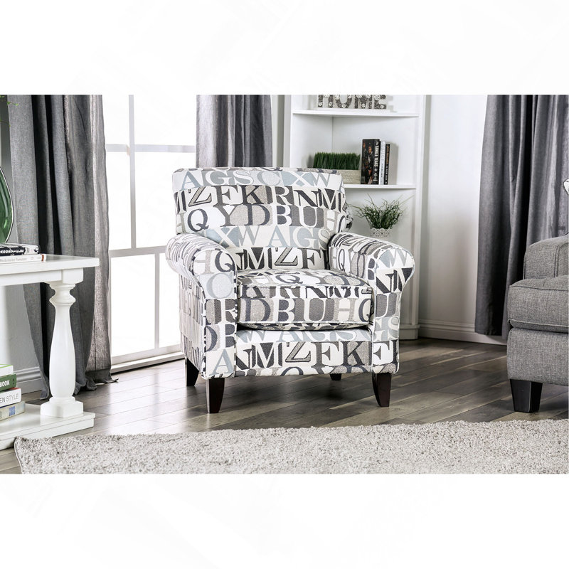 1Pc Chair Letter Pattern Medium Density Foam Wooden Legs Transitional Gray Ivory Finish Primary Living Room Furniture