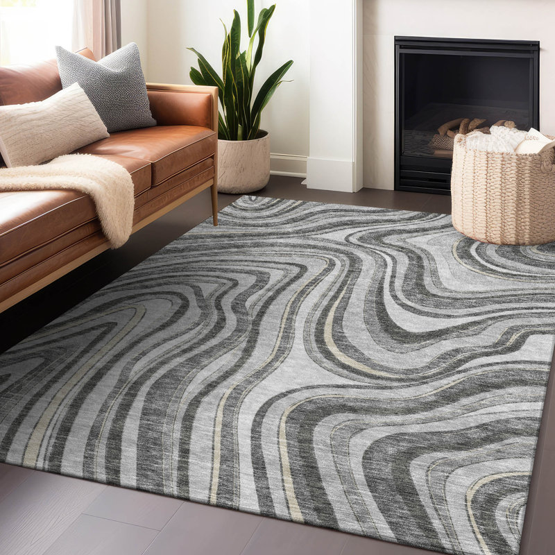 Tapis gris Prisco lavable à la machine de qualité supérieure, Rectangulaire 3 pi x 5 pi