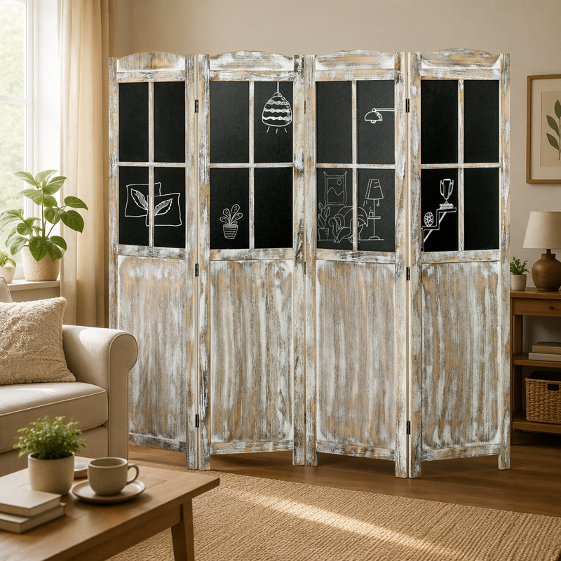 Paravent 4 panneaux pliable de style maison de campagne, écran d'intimité en bois portable avec tableaux noirs pour la maison et le bureau