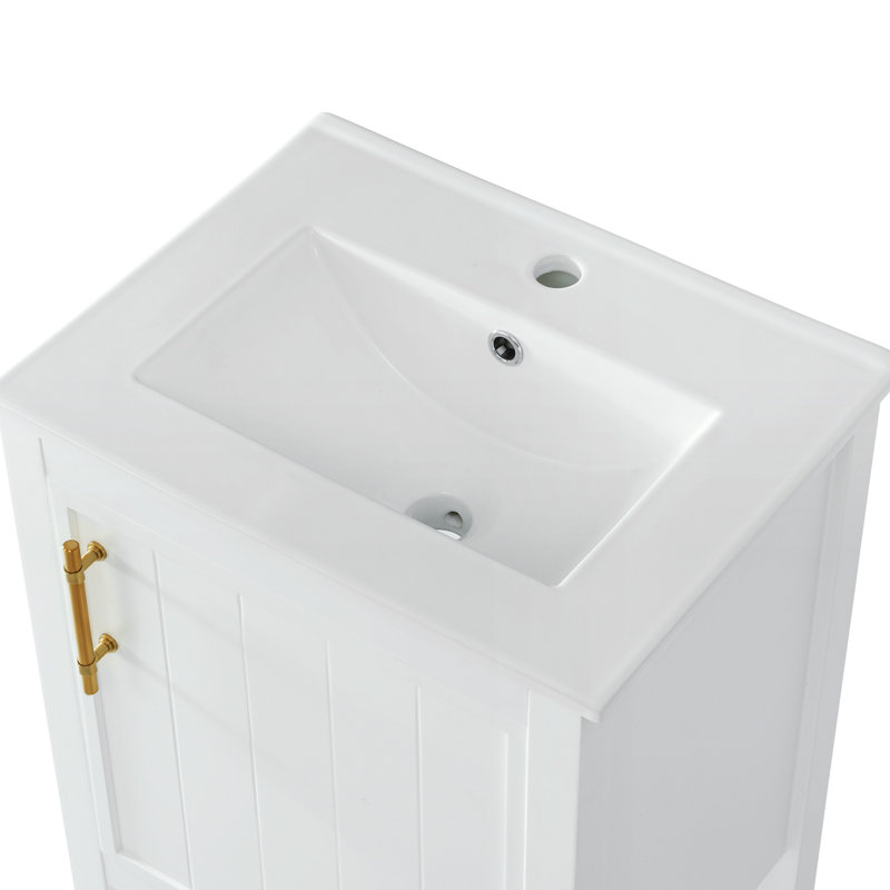 Meuble-lavabo de 20 po avec lavabo en céramique, porte à fermeture douce, support de rangement et quincaillerie en acier inoxydable - Largeur en bois massif blanc, armoire simple, tablette ouverte de conception moderne, finition peinte