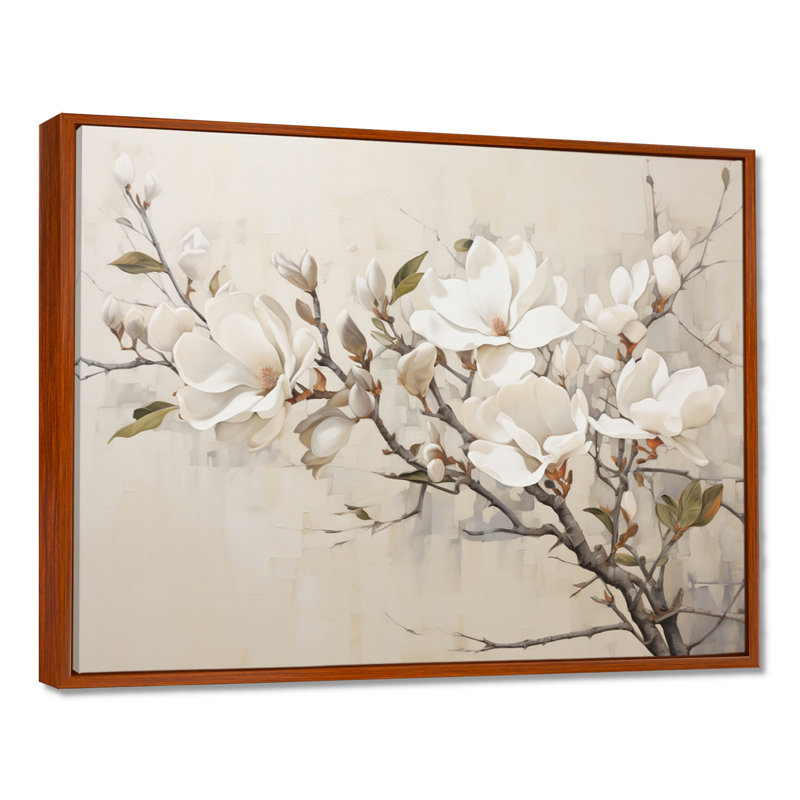 Beige de Magnolias «Dreamy» - art mural encadré Magnolias, H 16 po x l 32 po x P 1 po, Cadre flottant brun