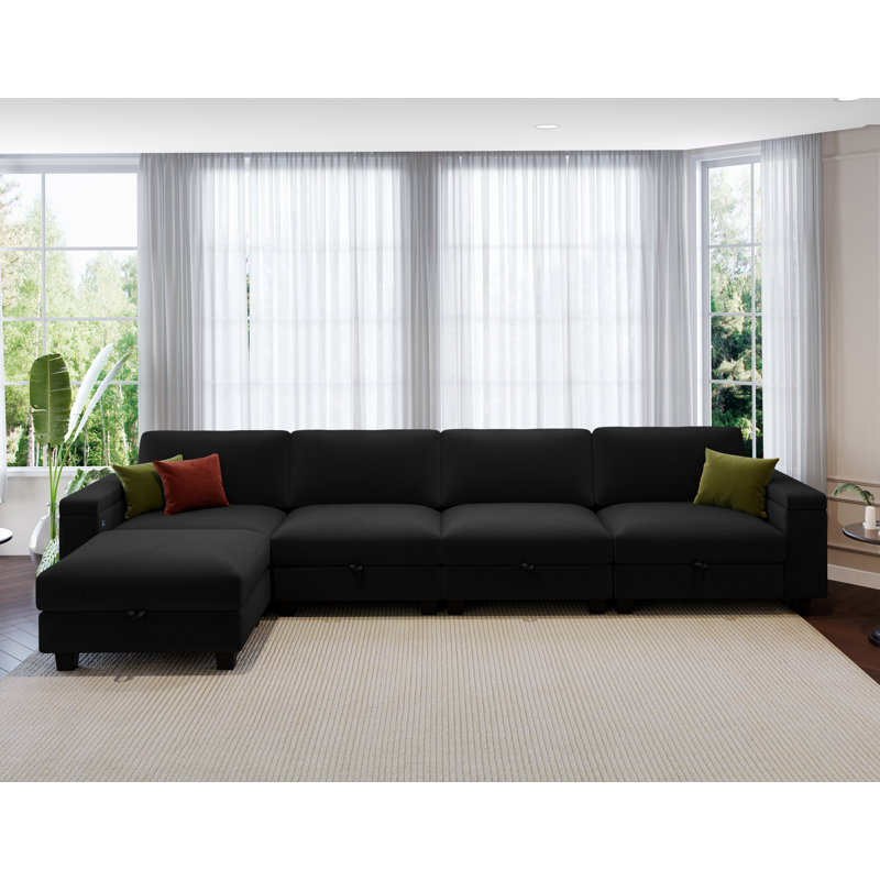 Canapé modulaire de 132 po avec repose-pieds, Mélange de lin noir