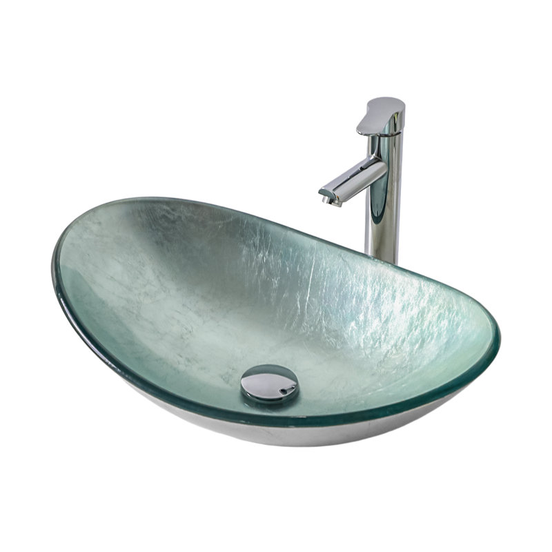 Artistic Tempered Glass Vessel Bathroom Sink With Chrome Drain - Silver Boat Shape Above Counter | Gift Idea