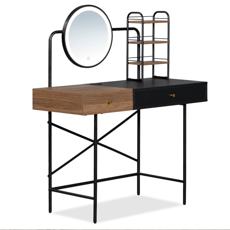 Meuble-lavabo de 40 po avec miroir lumineux à 3 modes et station de recharge sans fil, coiffeuse avec tiroir et 3 tablettes ouvertes pour le rangement de la beauté, coiffeuse pour chambre à coucher