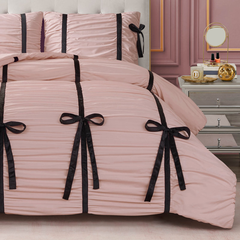 Juicy Couture Amelie Bows Ruched Comforter Sets, Light Pink, Queen Comforter + 2 Standard Shams