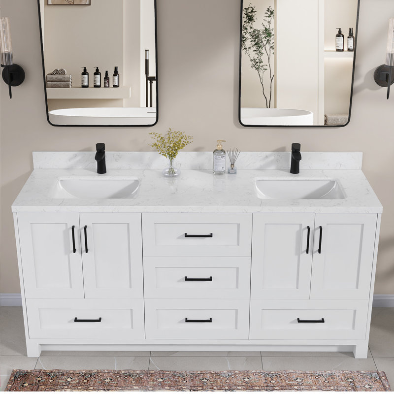72 In. W X 22 In. D Cultured Marble White Rectangular Double Sink Bath Vanity Top Countertop In Carrara White