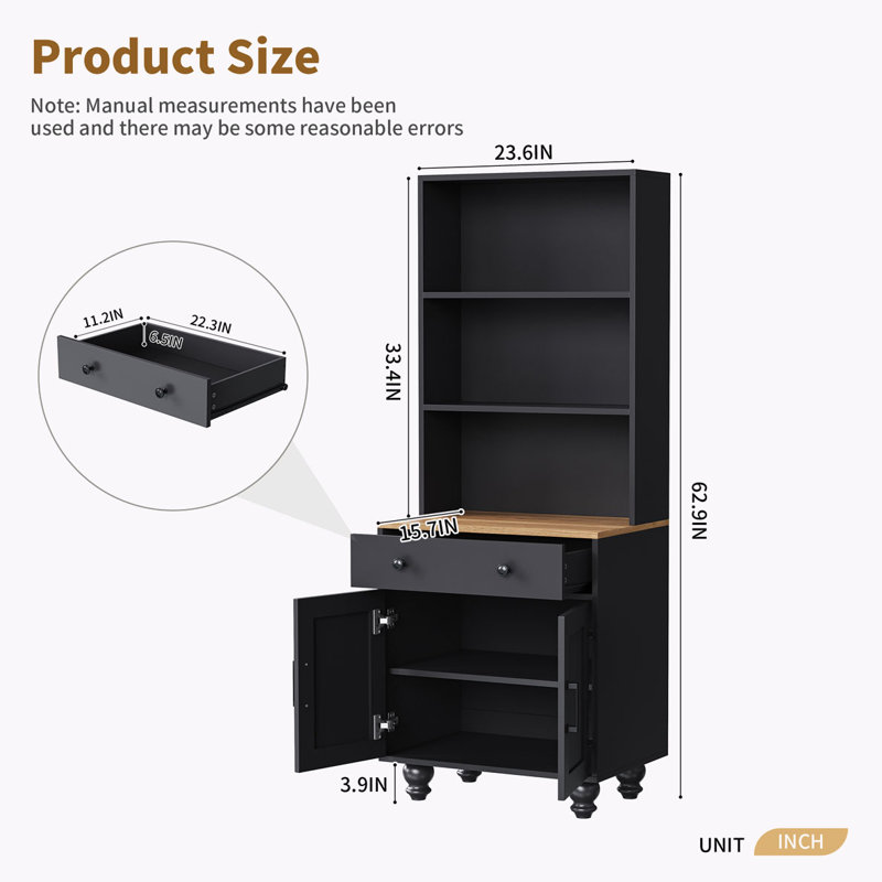 Storage Cabinet with Adjustable Shelves, 5 Tier Bookshelf with Drawer, Black
